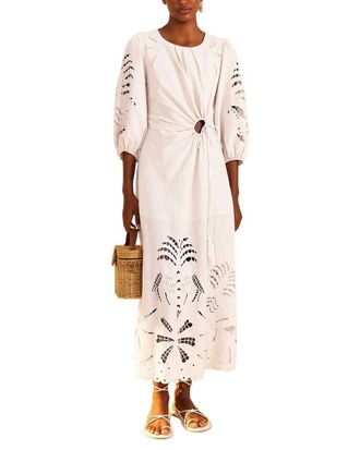 Farm Rio Linen-Blend Richelieu Cut Out Midi Dress