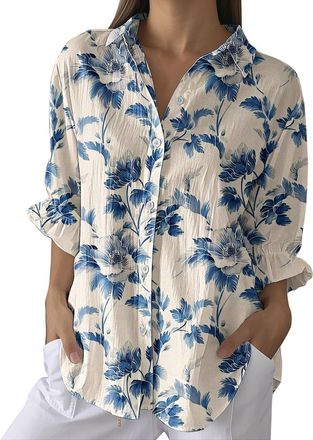 Generic 2025 Trendy Vintage Boho Tops for Women Floral Print Shirt Casual 3/4 Sleeve Button Up Blouses Ethnic Linen Pleated Tshirts Tops (Blue, XXL)