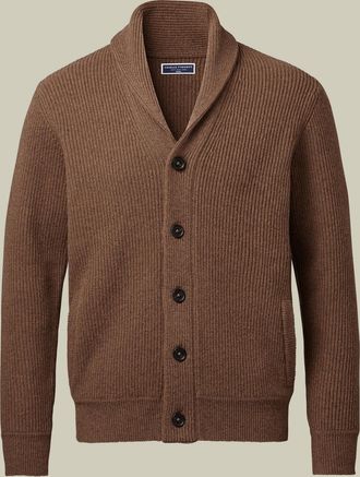 CHARLES TYRWHITT Pure Merino Shawl Neck Chunky Wool Cardigan - Toffee Size Large by Charles Tyrwhitt