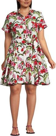 Lands End Linen Blend Button Front Dress with Godets in Ivory/pink Multi Floral Tropic at Nordstrom, Size 2X