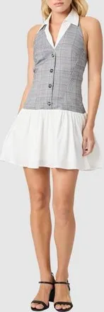 All in Favor Contrast Collar Mixed Media Minidress in Grey Black Plaid at Nordstrom Rack, Size X-Large