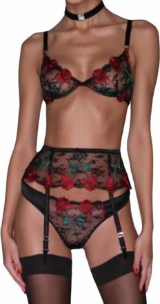 Fleur du Mal Bleeding Rose Embroidery Thong In Black