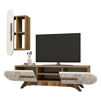 Dmora Dmora - Pared Equipada Nemb, Composici&oacute;n De La Sala De Estar, Muebles De Sal&oacute;n Multiusos, Gabinete De Tv, 145x35h37 Cm, Nogal Y Blanco, Con Embalaje R