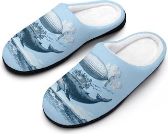 Generic Whale with Airship Floating Funny Mens Cotton Slippers Soft Non-Slip Rubber Sole House Slipper Indoor Outdoor