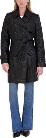Elie Tahari Womens Leather Double Breasted Trench Coat, Black
