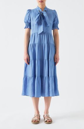 L.k. Bennett Flo Tie Neck Linen Dress in Pale Ocean at Nordstrom Rack, Size 12 Us / 16 Uk