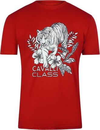 Cavalli Mens Tiger Floral Logo Red T-shirt Cotton - Size X-Large