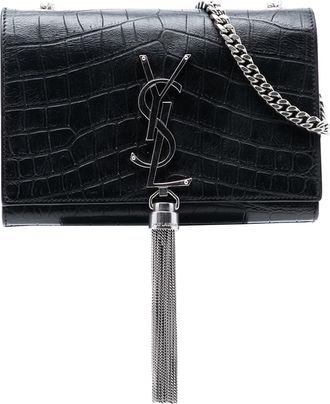 Saint Laurent Pre-owned Womens Small Croc Embossed Leather Monogram Kate Tassel Crossbody - Black - One Size