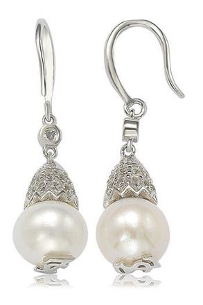 Suzy Levian Sterling Silver 8mm Freshwater Pearl & Created Sapphire Earrings in White at Nordstrom Rack