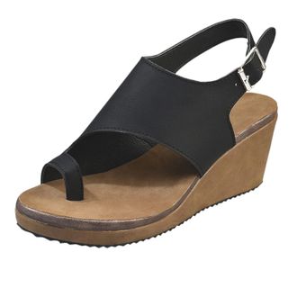 Generic Wedge Sandals For Women Fashion Thong Sandals Solid Colors Leather Sandal Slingback Buckle Sandal Casual Round Toe Shoes Arch Support Shoes Breathable