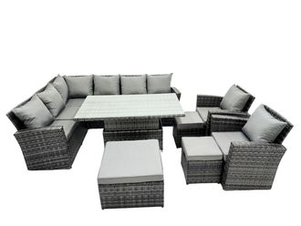 Fimous Poly Rattan Outdoor Patio Corner Sofa Set with 3 Stool, 2 Chairs in Dark Grey
