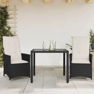 vidaXL Vidaxl - Mesita Y Sillas Con Cojines 3 Piezas Rat&aacute;n Sint&eacute;tico Negro