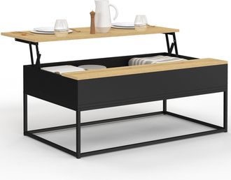 IDMarket Mesa De Centro Boston Negra Con Tablero Elevable De Aspecto Haya, Dise&ntilde;o Industrial