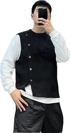 Generic Mens Knit Sweater Vest Collar Crewneck Sleeveless Waistcoat Black Waistcoat S