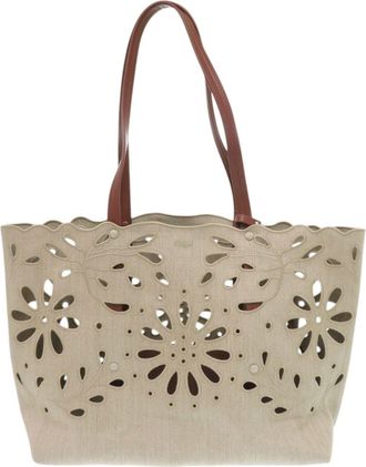 Chloé Beige Brown Linen Leather Pouch Tote Bag (Pre-Owned)