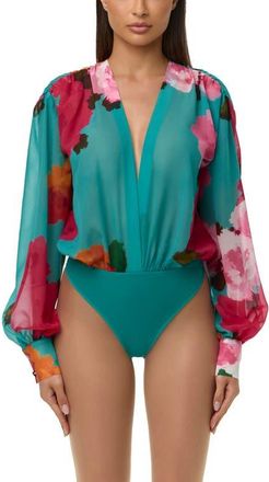 Naked Wardrobe Floral Print Chiffon V-Neck Bodysuit in Flora Spritz at Nordstrom, Size X-Small