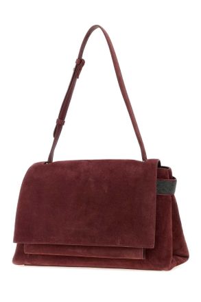Brunello Cucinelli Womens Suede Shoulder Bag Burgundy Calf Bos Taurus
