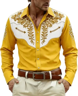 Generic Printed Long Sleeve Festival Western Adventure Casual Cowboy Shirt Button Down Casual Shirt, yellow, S