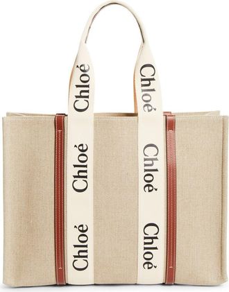 Chlo&eacute; Large Woody Linen Tote in White - Brown 1 at Nordstrom