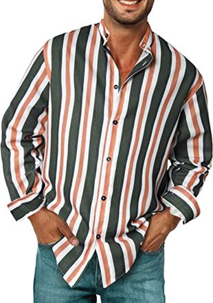 Generic Mens Casual Long Sleeve Linen Shirts Oversized British Striped Shirt Non-Iron Summer Blue Striped Casual Shirt with Chest Pocket Light Breathable Butt