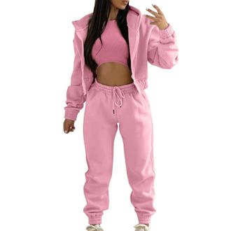 Generic Womens Casual Stylish Tracksuit Set Long Sleeve Solid Tops and High Elastic Waist Straight Trousers Hoodie Jogger 3 Piece Loungewear Outfit Track Suit