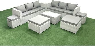 Fimous 7 Pieces Rattan Garden Furniture Set Outdoor Garden Sofa Coffee Table Set with 4 Footstools Light Grey Mixed - Fimous