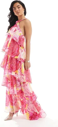 Vero Moda Felicia - Vestito lungo allacciato al collo a balze fucsia con stampa a fiori e decorazione floreale-Rosa