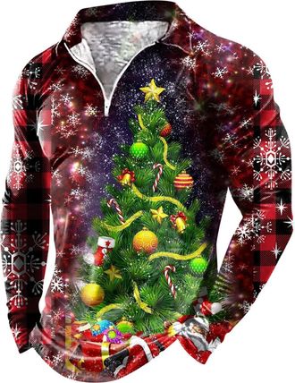 Generic Male Autumn and Winter Christmas Zipper Long Sleeve Lapel Full Print Holiday Celebration T Shirt (Purple XL)