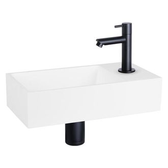 Differnz Solid fonteinset - 36x18.5x9cm - Rechthoek - 1 kraangat - recht zwart matte kraan - Solid surface Wit