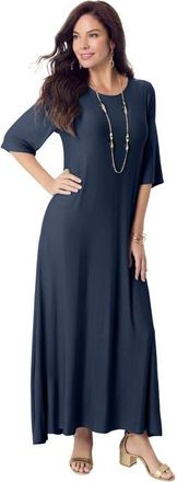 Roaman's Plus Size Stretch Knit High Low Short Sleeve Maxi Dress in Navy at Nordstrom, Size 16