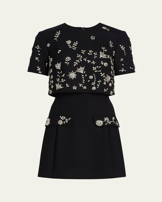 Oscar De La Renta Crystal Short-Sleeve Bolero Mini Dress