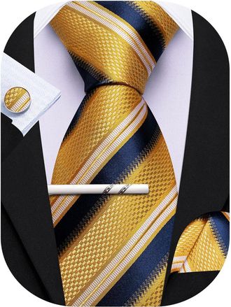 Barry.Wang Gold Navy Blue White Tie with Tie Clip for Men Striped Silk Necktie Pocket Square Cufflinks Set Formal Business Wedding Party