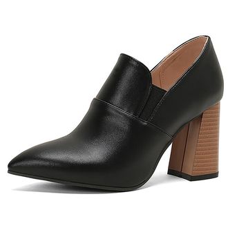 Generic MiaZane Womens Pointed Toe Ankle Boots PU Leather Block Heel High Heels Shallow Slip On Shoes Elegant Office and Party Footwear,Black,6.5 UK