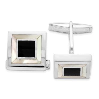 Diamond2Deal Sterling Silver Rhodium-plated Mother Of Pearl & Enamel Cufflinks