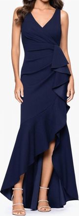 Betsy & Adam Candace Long V-Neck Hi-Low Cascade Maxi Dress In Navy