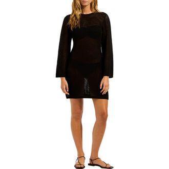 Seafolly Open Back Long Sleeve Sheer Cotton Blend Cover-Up Dress in Black at Nordstrom, Size X-Large