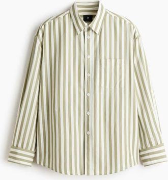 H&M Relaxed Fit Poplin Shirt in Khaki Green/striped at Nordstrom, Size Xx-Large