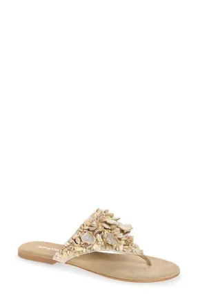 Jeffrey Campbell Tidal Wave Shell Embellished Thong Sandal in Beige Suede Combo at Nordstrom, Size 11
