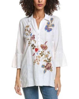 Johnny Was Ruffle Sleeve Henley Tunic Top In White