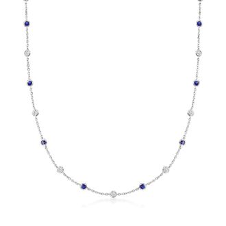 Ross-Simons CZ and Simulated Sapphire Station Necklace in Sterling Silver