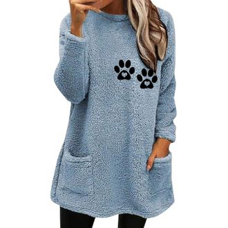 Generic Teddy Fleece Sweatshirt Ladies Jumpers Plus Size Pullover Tops Winter Warm Lightweight Lounge Tops with Pocket Round Neck Long Sleeve Sweaters for Wom
