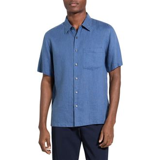 Theory Irving Solid Short Sleeve Linen Button-Up Shirt in Bering at Nordstrom, Size Xx-Large
