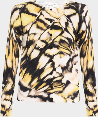 Oscar De La Renta Butterfly-Printed Crewneck Cardigan