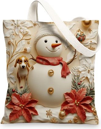 Generic Relief Christmas Beagle Dog Canvas Tote Bag for Shopping 13x15, Snowman Xmas Puppy Reusable Grocery Print Bag for Women Men, Winter Aesthetic Painting