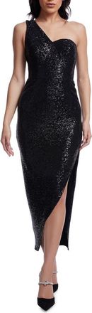 Dress The Population Magnolia One-Shoulder Asymmetric Sequin Cocktail Dress in Black at Nordstrom, Size Xx-Large