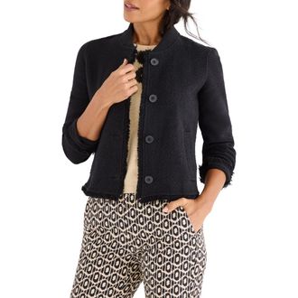 Nic+Zoe Fringe Mix Knit Bomber Jacket in Black Onyx at Nordstrom, Size Xx-Large