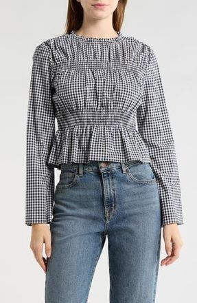 Elodie Gingham Long Sleeve Peplum Top in Navy at Nordstrom Rack, Size X-Large