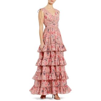 Mac Duggal Drawstring Shoulder Floral Chiffon Tiered Gown in Pink Multi at Nordstrom, Size 12