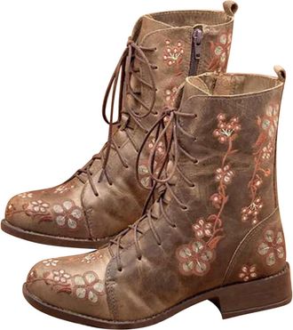 Generic Womens Mid Calf Boots Floral Embroidery Riding Boot Lace Up Combat Booties Western Cowboy Boots Ladies Low Heel Ankle Boot Side Zipper Booties Chunky 