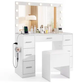 Costway Costway Vanity Desk Set w/ Power Outlets Modern Makeup Table w/Storage Stool in White